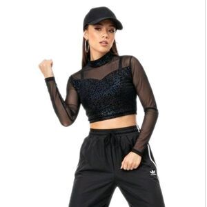 Body Wrappers VTG Mesh Velvet LS Mock Neck Dance Midriff Rainbow Bling Top AM, M